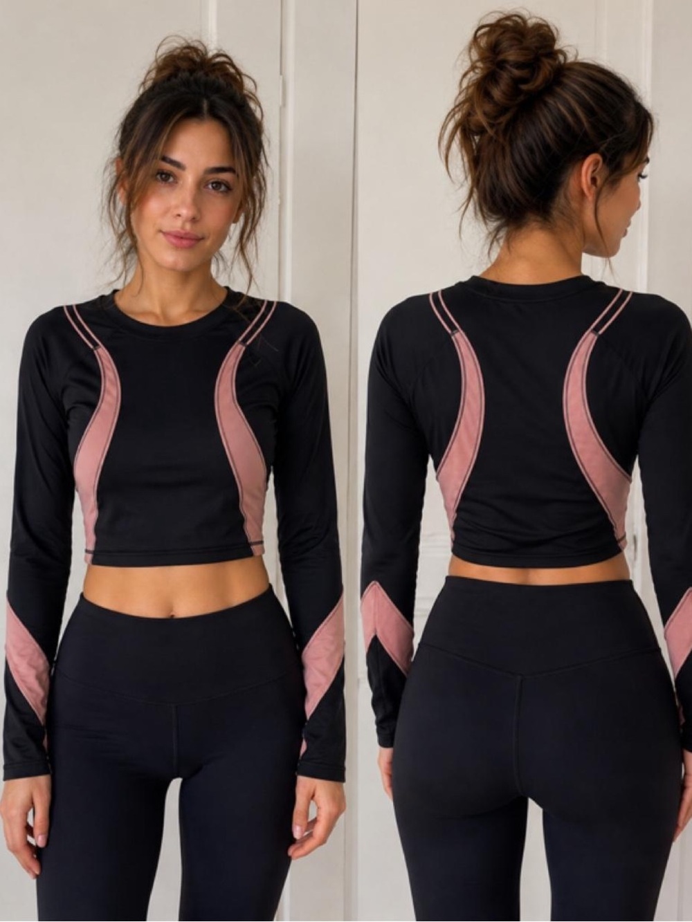 Athleta Black & Dusty Rose Cropped Long Sleeve Activewear Top — Size L